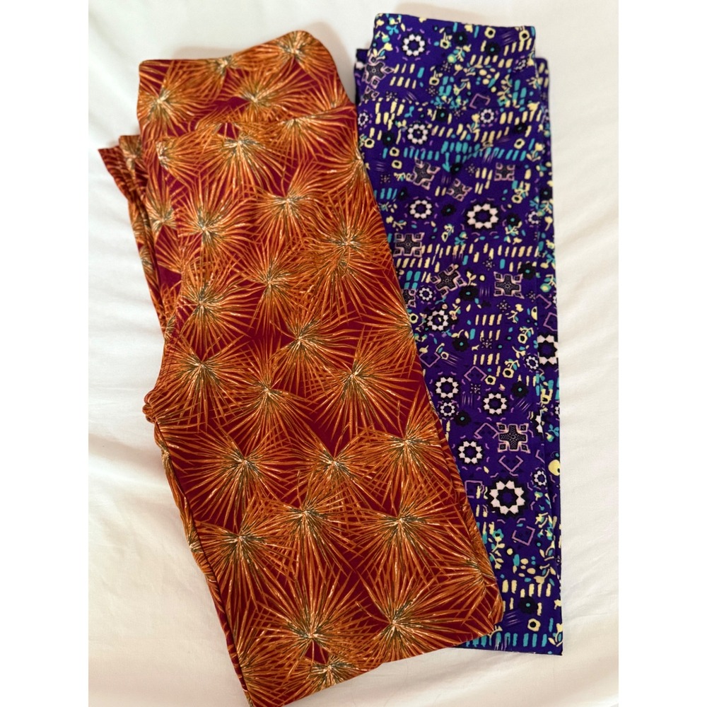 LuLaRoe Tween Leggings Bundle 2 Pack Purple Geometric & Orange Sunburst Soft
